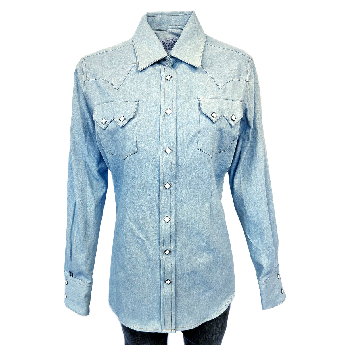 Women's Stonewashed Sky Blue Sawtooth Denim Western Shirt by Rockmount Ranch Wear with sawtooth pocket and diamond snap design