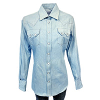 Women's Stonewashed Sky Blue Sawtooth Denim Western Shirt by Rockmount Ranch Wear with sawtooth pocket and diamond snap design