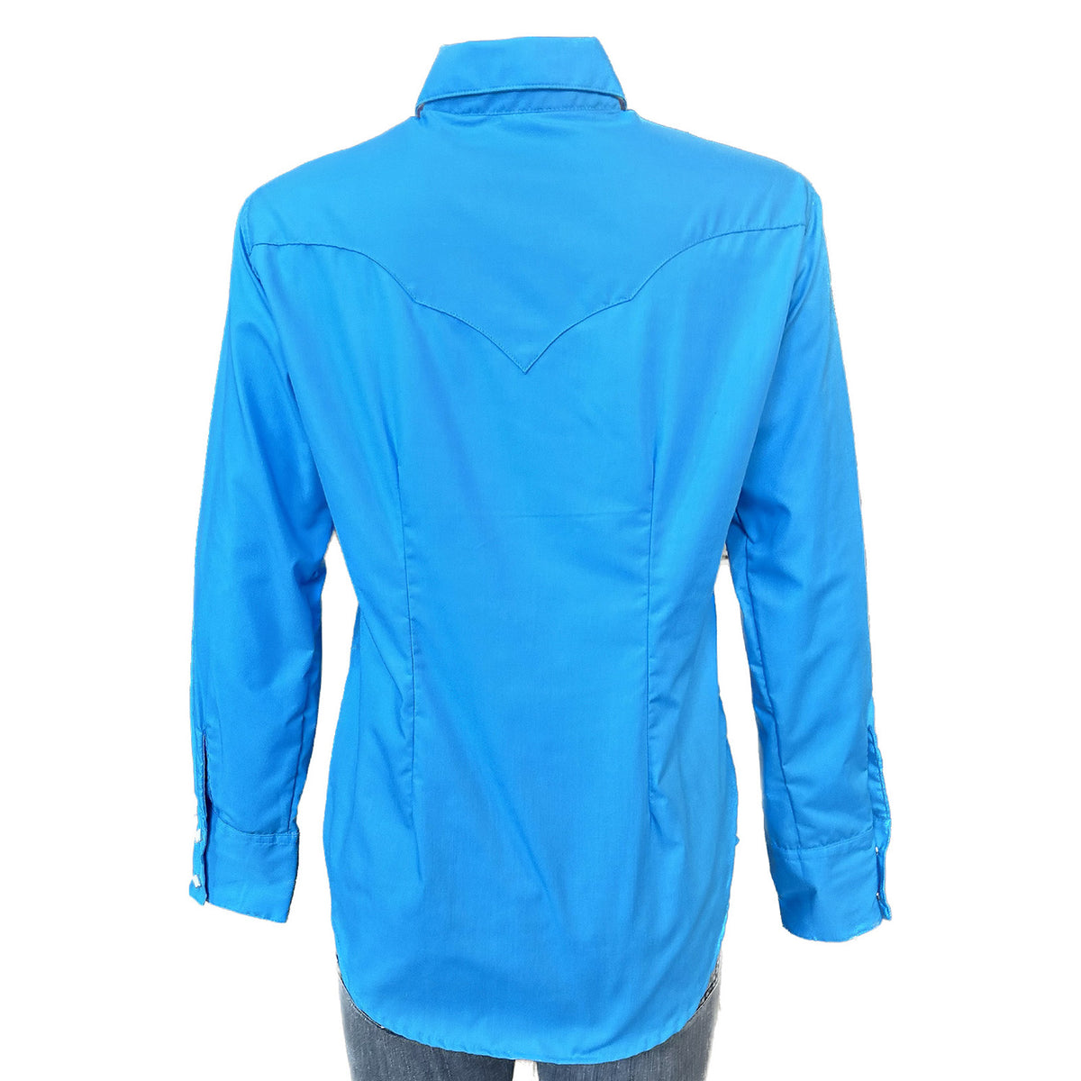 Rockmount Ranch Wear women's solid western shirt in vintage turquoise cotton blend with diamond snaps and sawtooth pockets