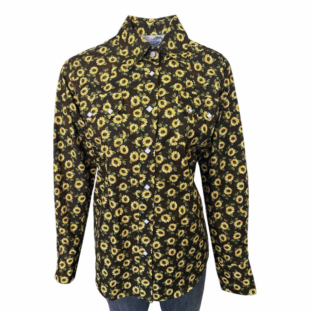 Women's Vintage Brown Sunflower Print Western Shirt by Rockmount Ranch Wear, floral western shirt with snap front