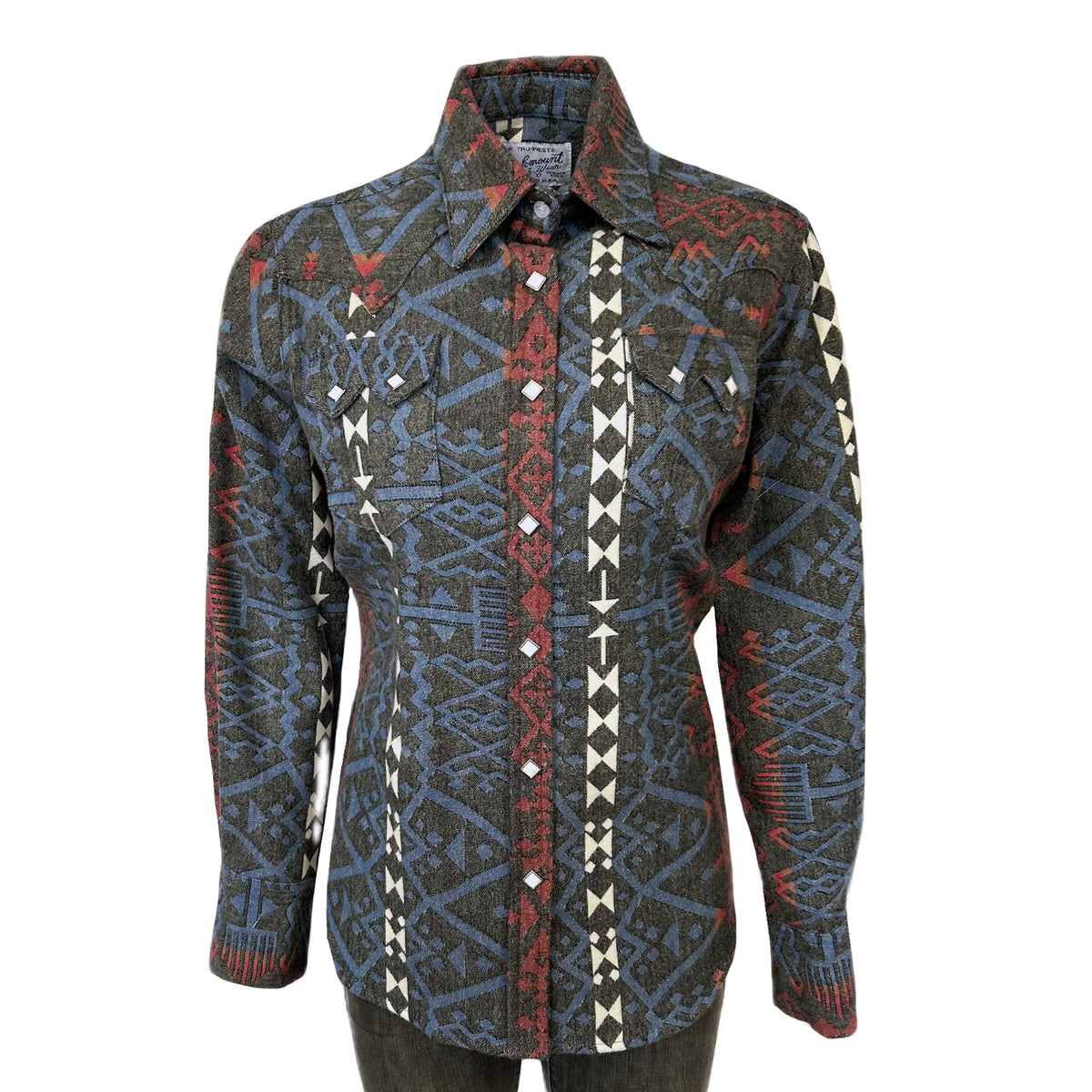 Women's Premium Flannel Jacquard Western Shirt by Rockmount Ranch Wear in vintage black red with diamond snap front