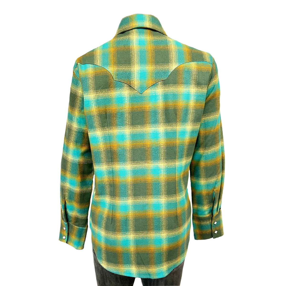 Women's Plush Green and Turquoise Plaid Flannel Western Shirt by Rockmount Ranch Wear with sawtooth pockets