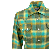 Women's Plush Green and Turquoise Plaid Flannel Western Shirt by Rockmount Ranch Wear with sawtooth pockets