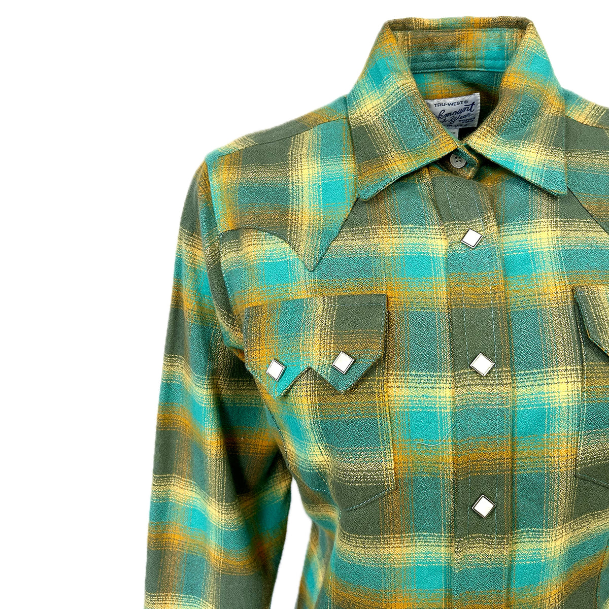 Women's Plush Green and Turquoise Plaid Flannel Western Shirt by Rockmount Ranch Wear with sawtooth pockets