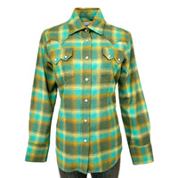 Women's Plush Green and Turquoise Plaid Flannel Western Shirt by Rockmount Ranch Wear with diamond snap front
