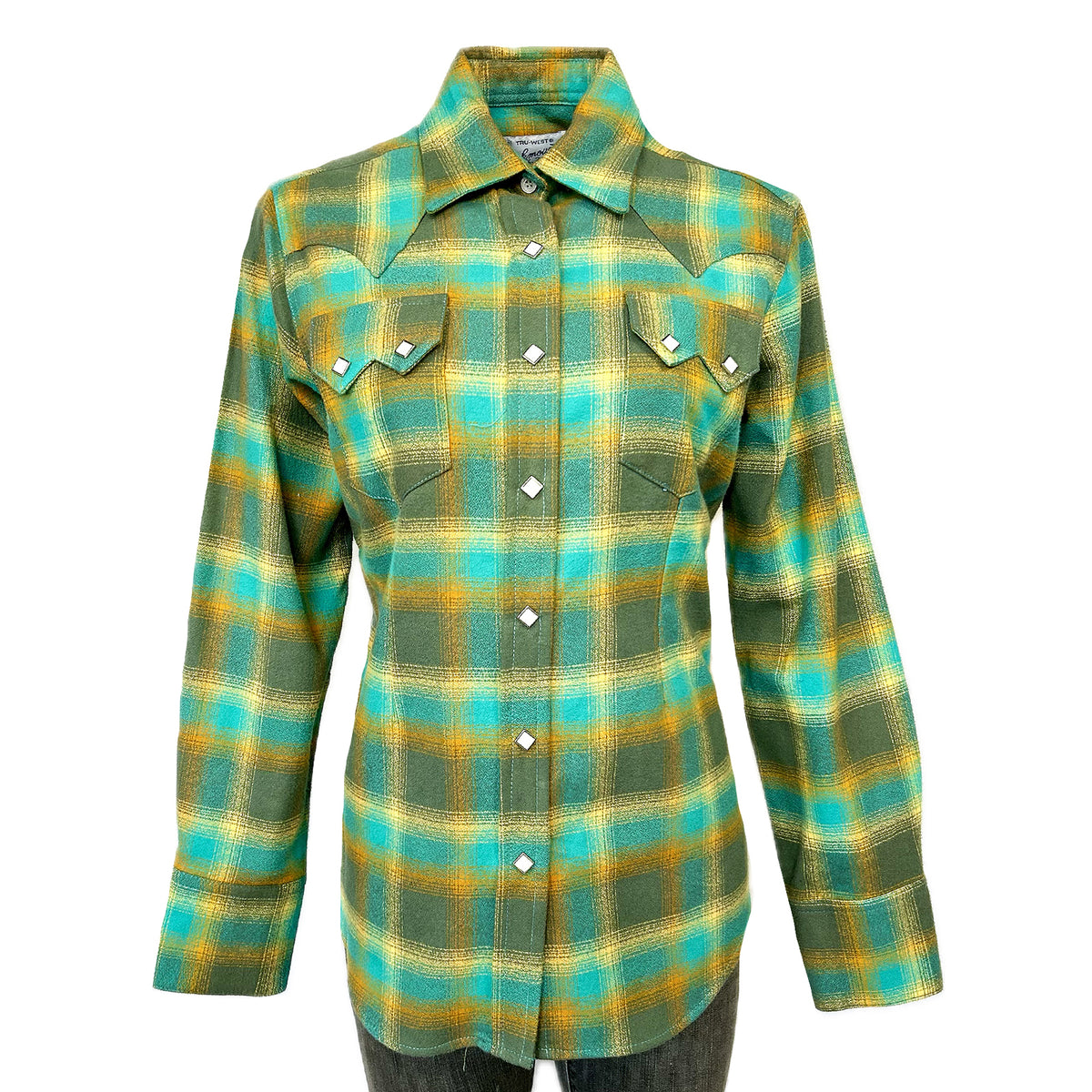 Women's Plush Green and Turquoise Plaid Flannel Western Shirt by Rockmount Ranch Wear with diamond snap front