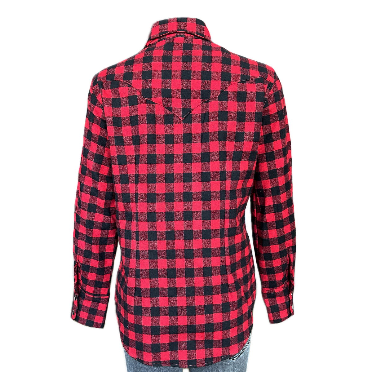 Women's Plush Red and Black Buffalo Check Flannel Western Shirt by Rockmount Ranch Wear with diamond snap front