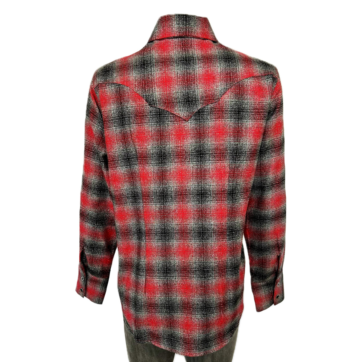 Women's Plush Red and Grey Plaid Flannel Western Shirt by Rockmount Ranch Wear in vintage plaid flannel with sawtooth pockets