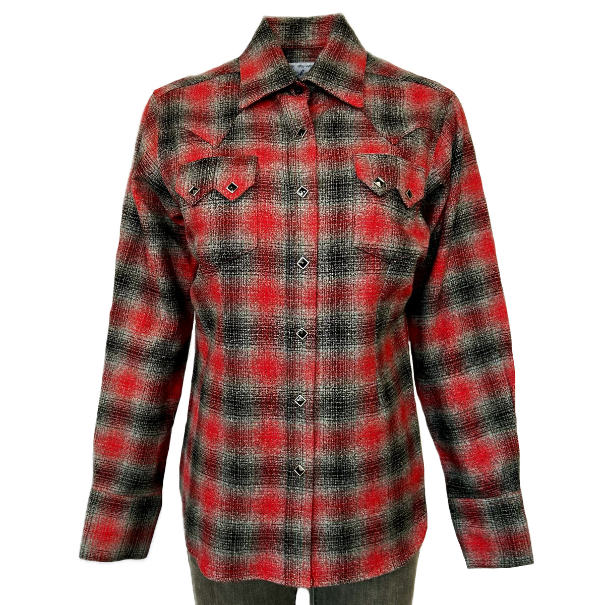 Women's Plush Red and Grey Plaid Flannel Western Shirt by Rockmount Ranch Wear, 100 cotton flannel with sawtooth pockets