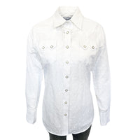 Women's White Eyelet Embroidery Western Shirt by Rockmount Ranch Wear, vintage fringe embroidered snap button shirt