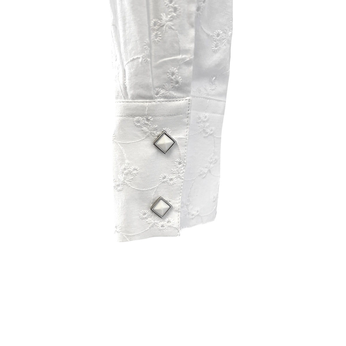 Women's White Eyelet Embroidery Western Shirt by Rockmount Ranch Wear with diamond snap front, vintage floral