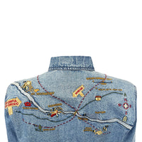 Rockmount Ranch Wear vintage denim western dress with map embroidery, fringe trim, and snap button closure