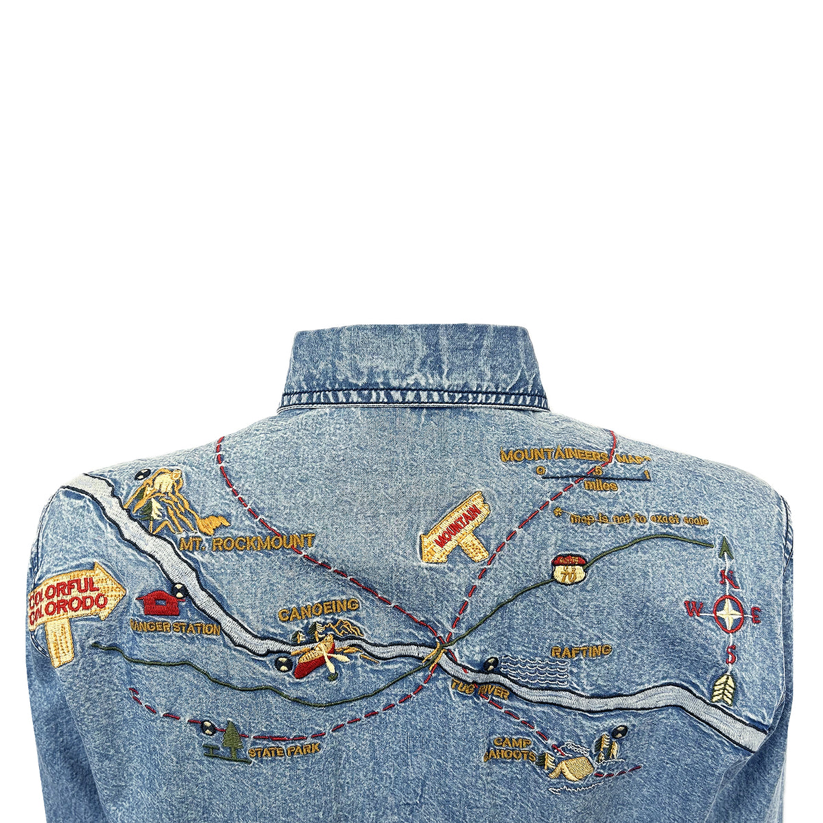 Rockmount Ranch Wear vintage denim western dress with map embroidery, fringe trim, and snap button closure