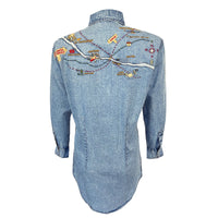 Women's Denim Map Embroidered Western Dress by Rockmount Ranch Wear in vintage denim with embroidered western shirt