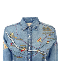 Women's Denim Map Embroidered Western Dress by Rockmount Ranch Wear in vintage denim with map embroidery