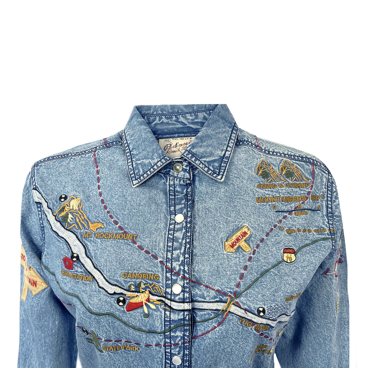 Women's Denim Map Embroidered Western Dress by Rockmount Ranch Wear in vintage denim with map embroidery