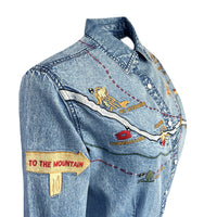 Women's Denim Map Embroidered Western Dress by Rockmount Ranch Wear in vintage denim with embroidered western map art
