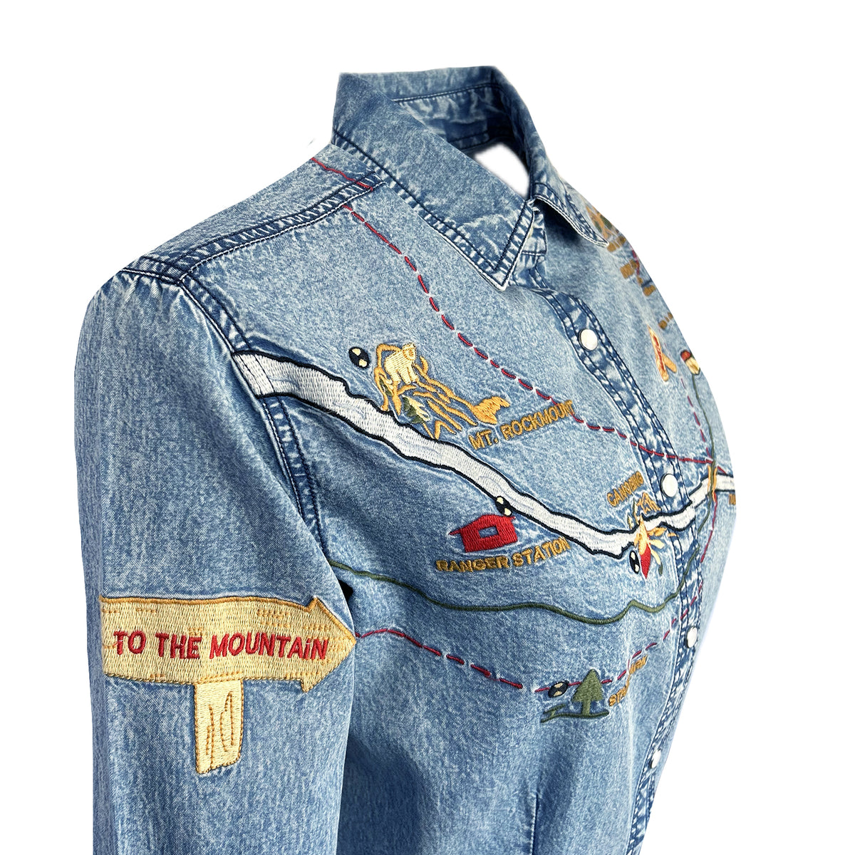 Women's Denim Map Embroidered Western Dress by Rockmount Ranch Wear in vintage denim with embroidered western map art