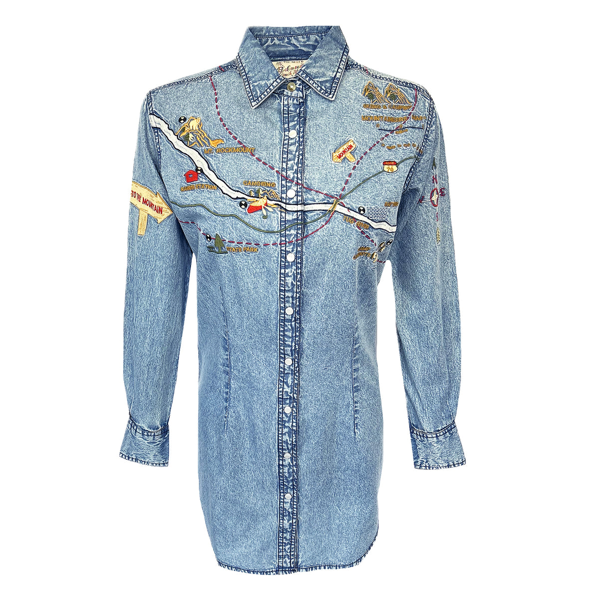 Women's Denim Map Embroidered Western Dress by Rockmount Ranch Wear in vintage denim with map embroidery