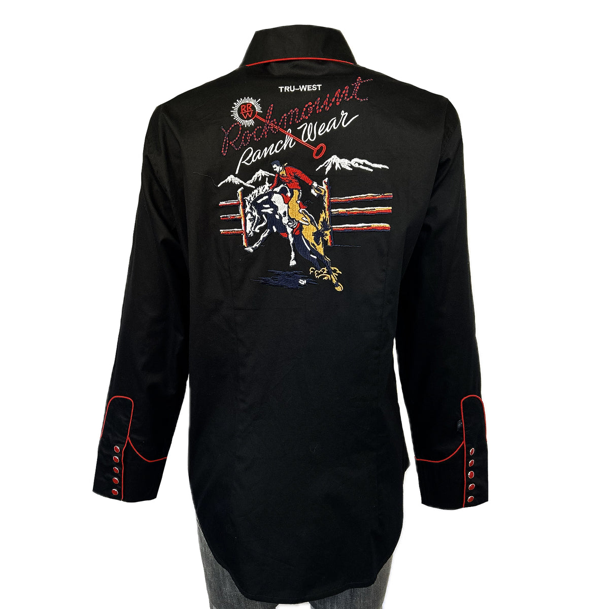 Women's Rockmount Bronc Vintage Embroidery Western Shirt by Rockmount Ranch Wear in black with heavily embroidered front