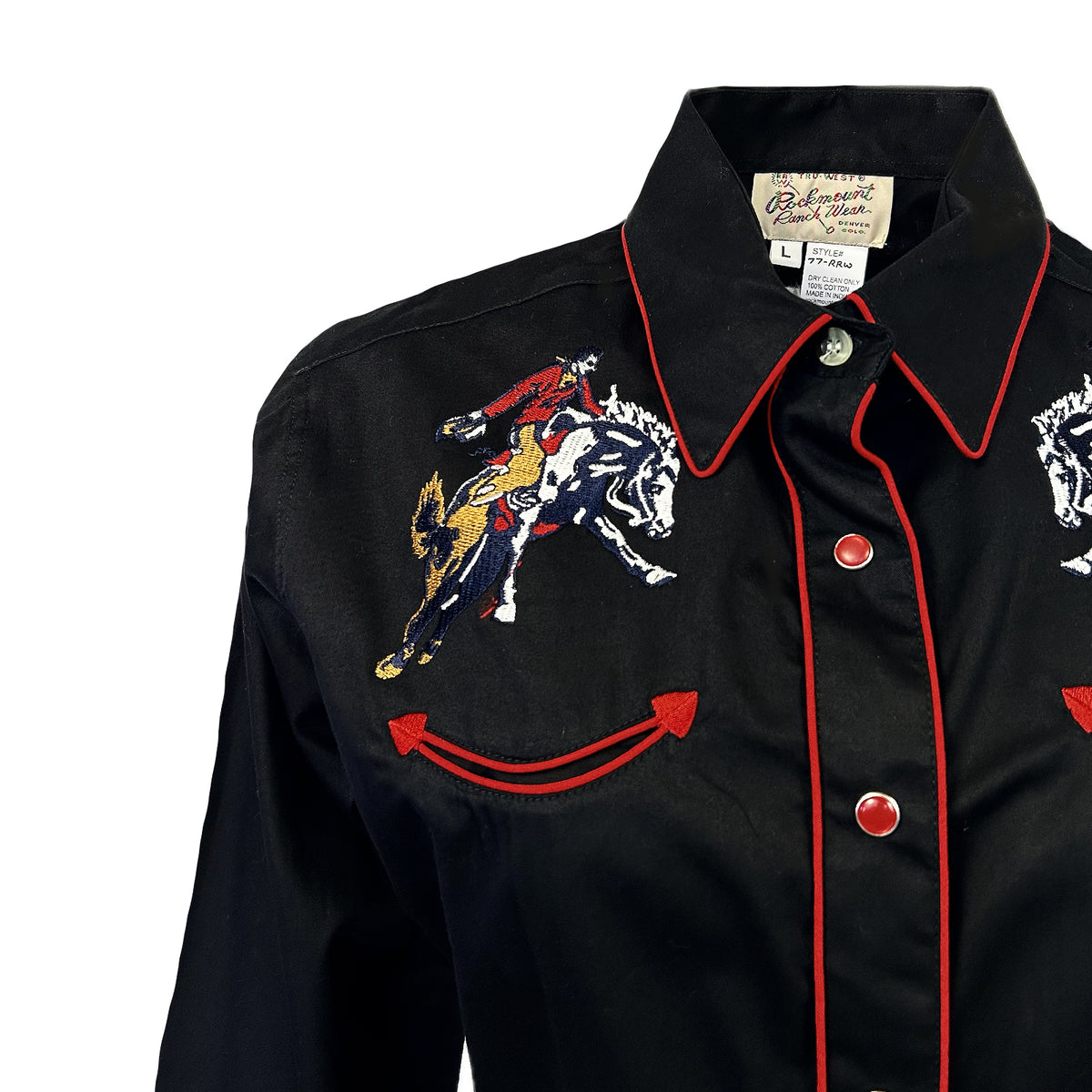 Women's Rockmount Bronc Vintage Embroidery Western Shirt by Rockmount Ranch Wear in black with heavily embroidered front