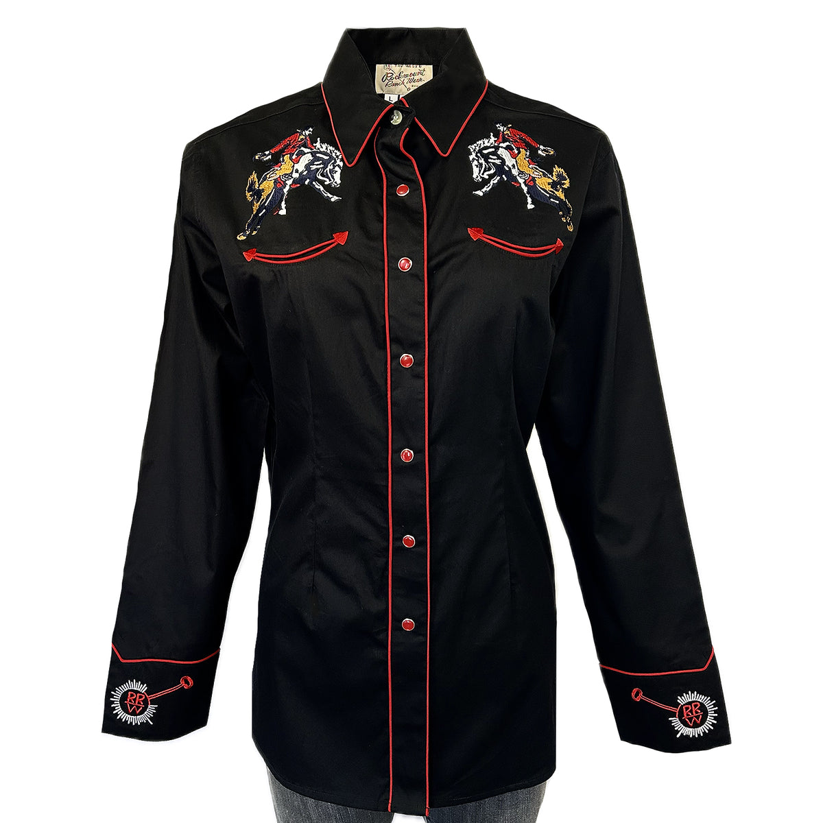 Women's Rockmount Bronc Vintage Embroidery Western Shirt by Rockmount Ranch Wear in black with embroidered western shirt