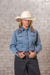 Women's Rockmount Bronc Vintage Embroidery Western Shirt in denim with heavily embroidered front and back