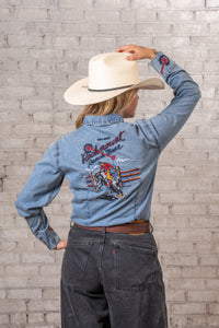 Women's Rockmount Bronc Vintage Embroidery Western Shirt in denim with heavily embroidered back and Rockmount Ranch Wear