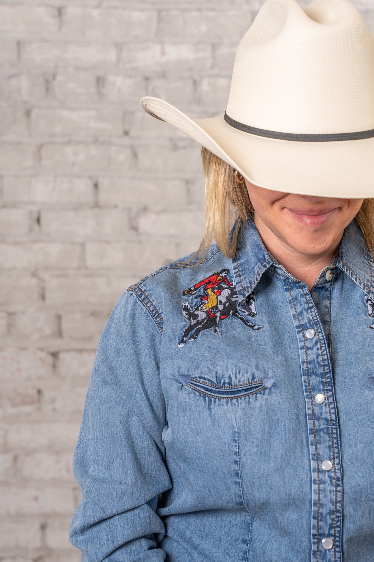 Women's Rockmount Bronc Vintage Embroidery Western Shirt in Denim by Rockmount Ranch Wear, embroidered cowboy shirt