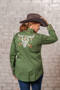 Women's Vintage Green Steer Skull Arrow Chain Stitch Embroidered Western Shirt by Rockmount Ranch Wear with floral fringe