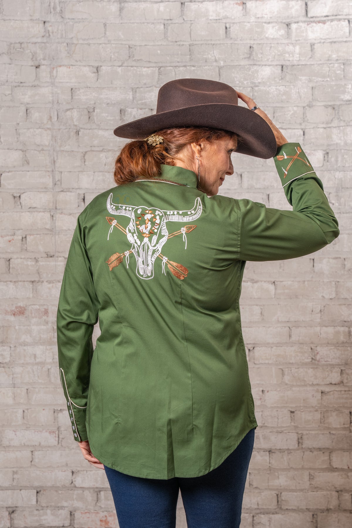 Women's Vintage Green Steer Skull Arrow Chain Stitch Embroidered Western Shirt by Rockmount Ranch Wear with floral fringe