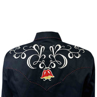 Women's Navy Art Deco Floral Embroidered Western Shirt by Rockmount Ranch Wear with vintage floral fringe embroidery