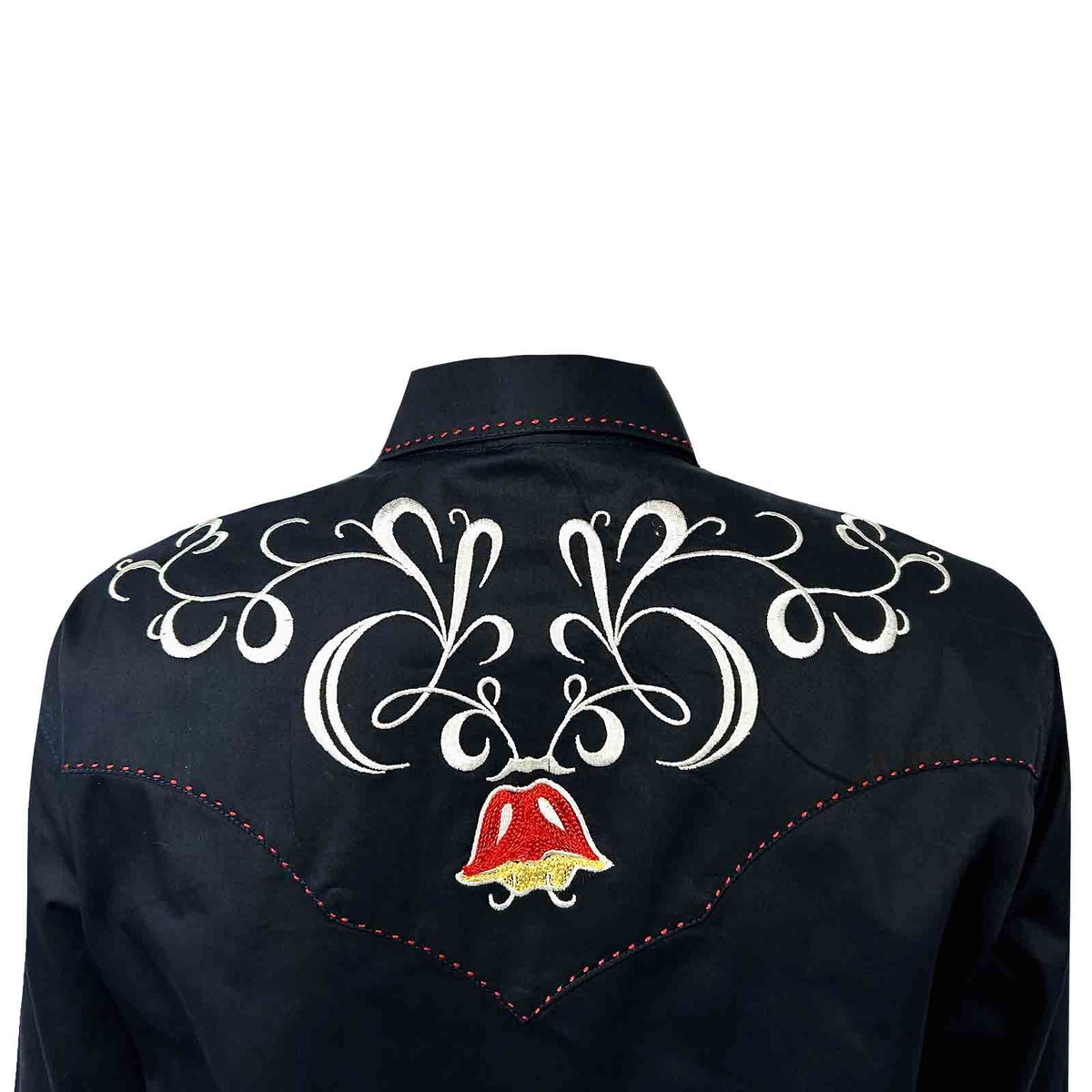 Women's Navy Art Deco Floral Embroidered Western Shirt by Rockmount Ranch Wear with vintage floral fringe embroidery