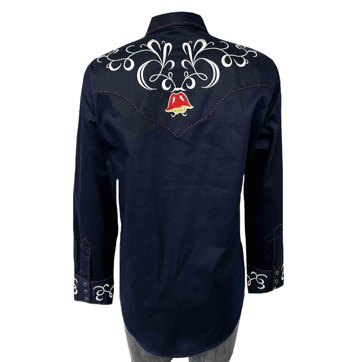 Women's Navy Art Deco Floral Embroidered Western Shirt by Rockmount Ranch Wear with floral embroidery