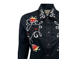 Women's Navy Art Deco Floral Embroidered Western Shirt by Rockmount Ranch Wear with embroidered western shirt details