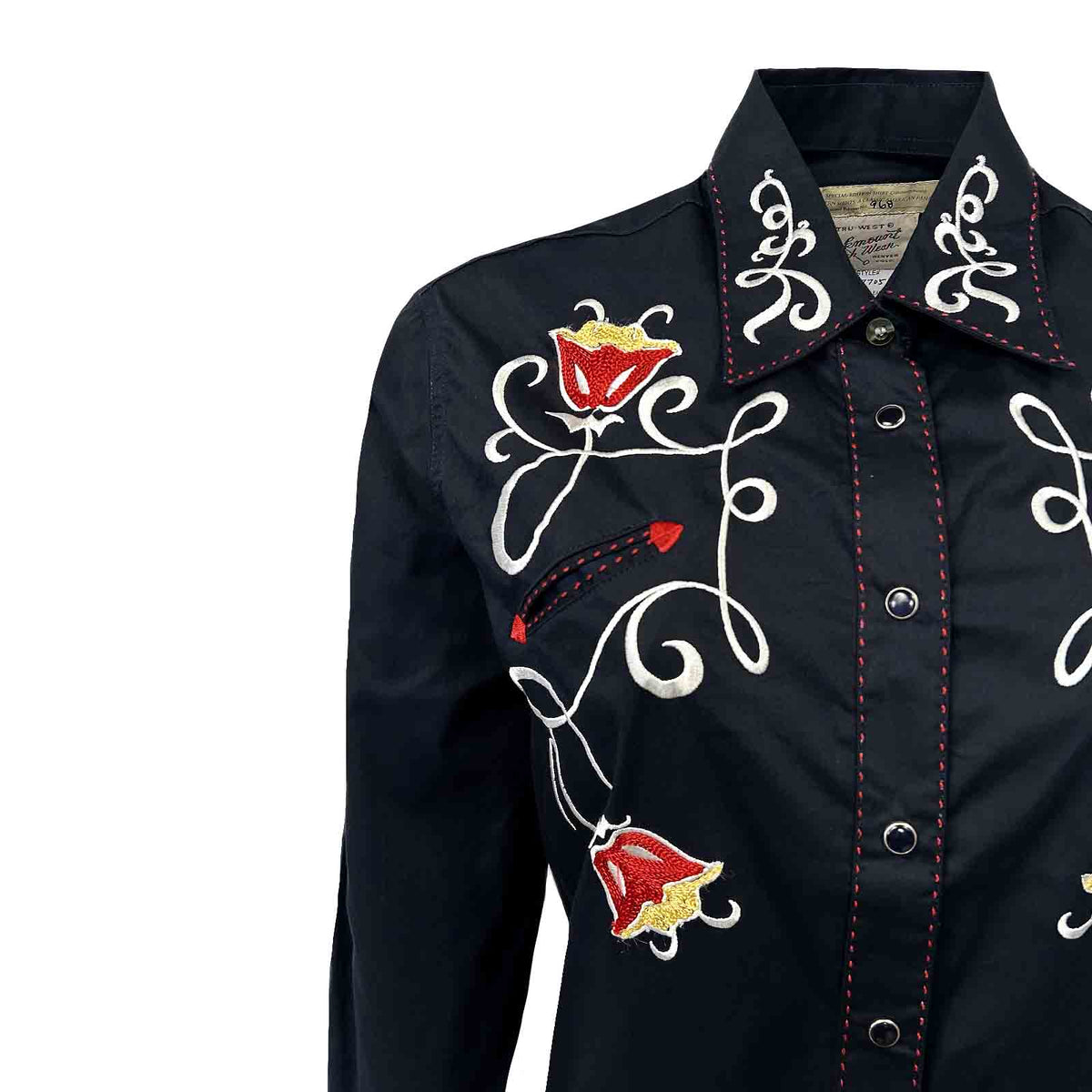 Women's Navy Art Deco Floral Embroidered Western Shirt by Rockmount Ranch Wear with embroidered western shirt details