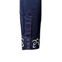 Women's Navy Art Deco Floral Embroidered Western Shirt by Rockmount Ranch Wear with embroidered front and cuffs