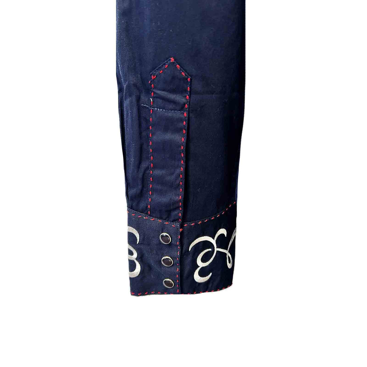 Women's Navy Art Deco Floral Embroidered Western Shirt by Rockmount Ranch Wear with embroidered front and cuffs