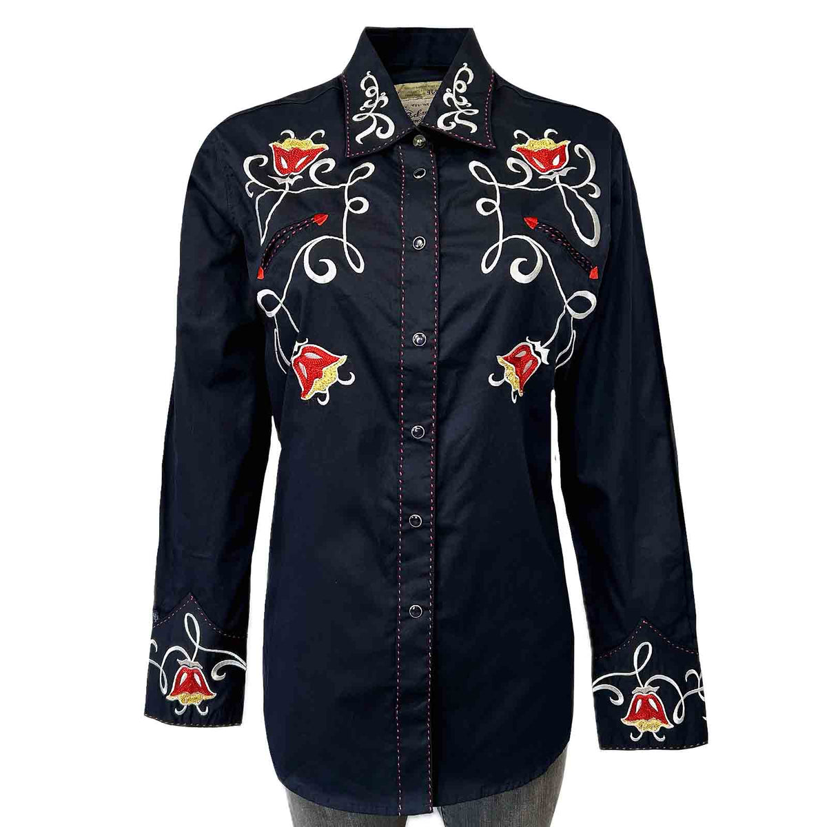 Women's Navy Art Deco Floral Embroidered Western Shirt by Rockmount Ranch Wear with embroidered floral scrollwork