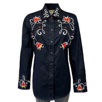 Women's Navy Art Deco Floral Embroidered Western Shirt by Rockmount Ranch Wear with embroidered floral scrollwork