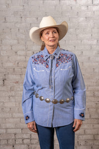Women's Vintage Blue Floral Embroidered Western Shirt by Rockmount Ranch Wear in denim with ornate flower embroidery