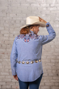 Women's Vintage Blue Floral Embroidered Western Shirt by Rockmount Ranch Wear in denim with ornate flower embroidery