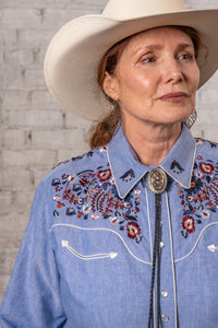 Women's Vintage Blue Floral Embroidered Western Shirt by Rockmount Ranch Wear in denim with ornate flower embroidery