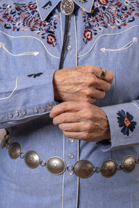 Women's Vintage Blue Floral Embroidered Western Shirt by Rockmount Ranch Wear in denim with ornate flower embroidery