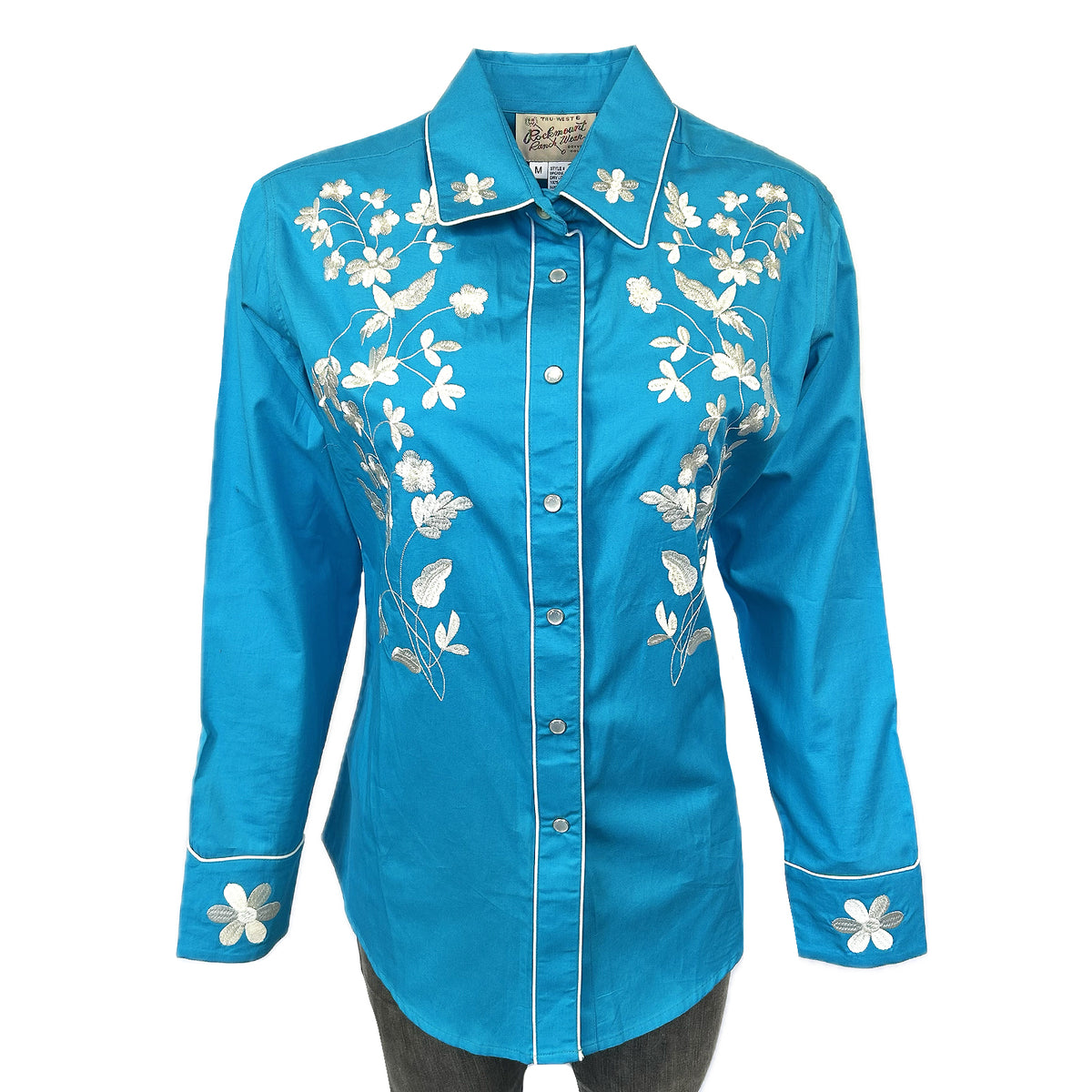 Women's Vintage Turquoise Floral Embroidered Western Shirt by Rockmount Ranch Wear with floral embroidery and snaps