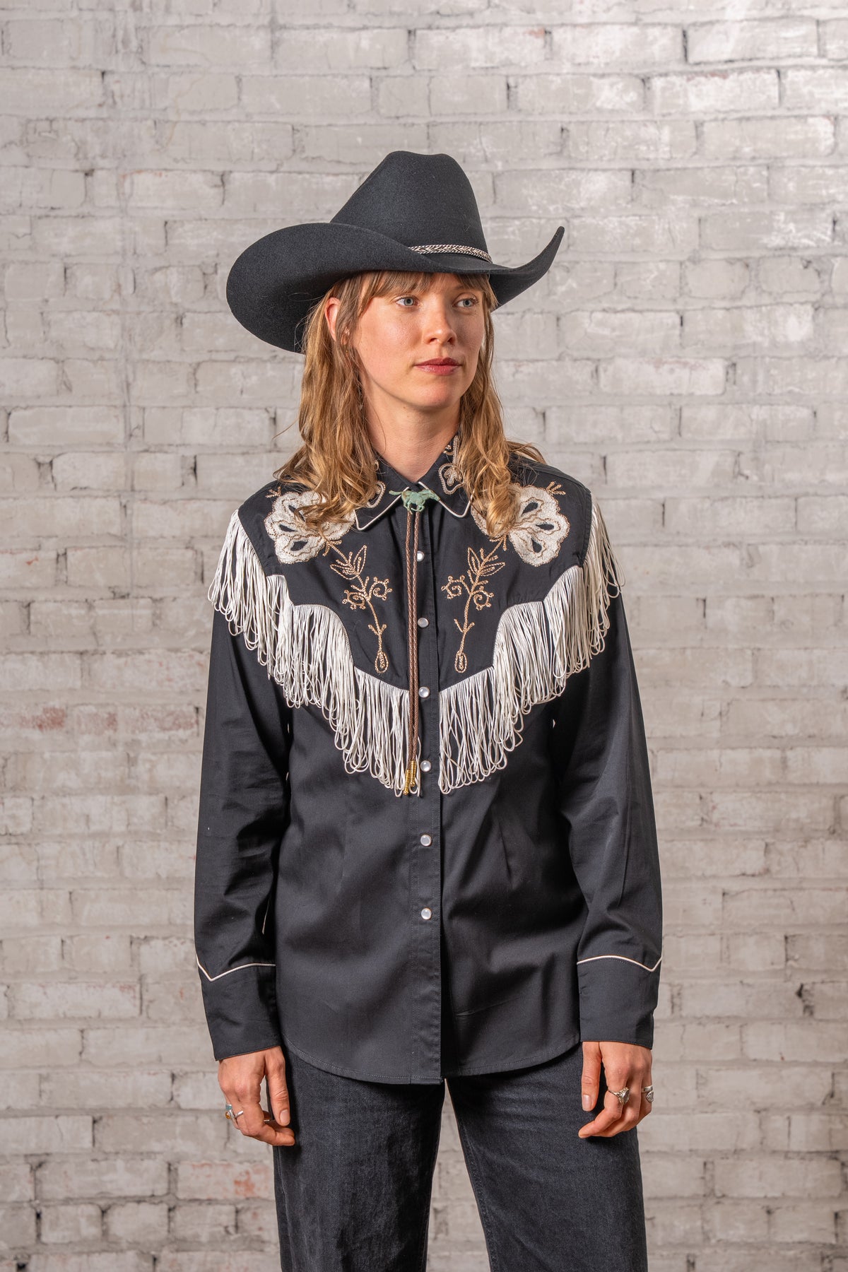 Women's Vintage Black Fringe Embroidered Western Shirt by Rockmount Ranch Wear, fringe on front and sleeves