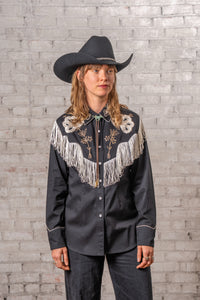 Women's Vintage Black Fringe Embroidered Western Shirt by Rockmount Ranch Wear, fringe on front and sleeves