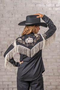 Women's Vintage Black Fringe Embroidered Western Shirt by Rockmount Ranch Wear with floral hand chenille embroidery