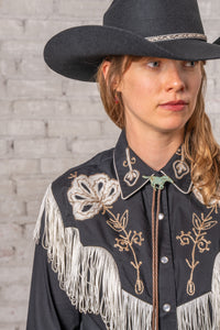 Women's Vintage Black Fringe Embroidered Western Shirt by Rockmount Ranch Wear, vintage fringe embroidered floral