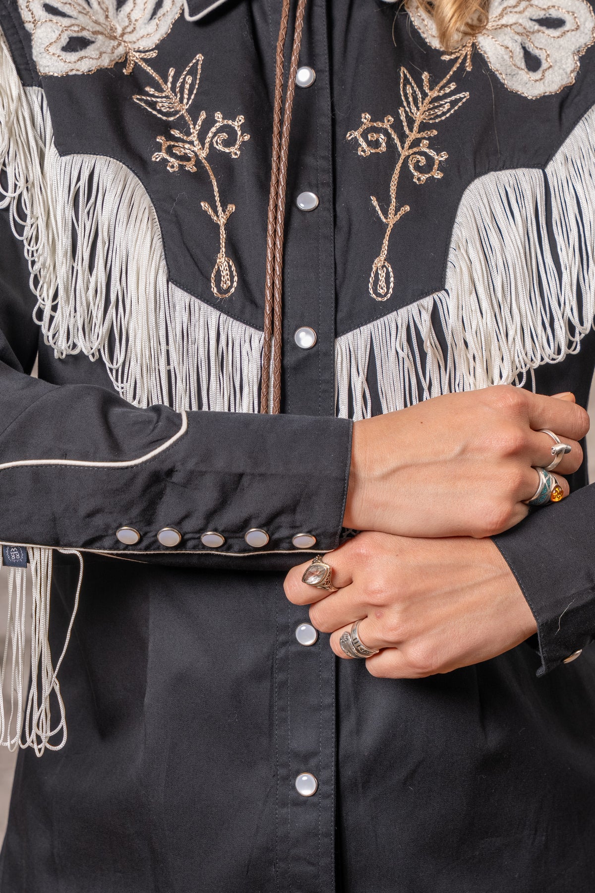 Women's Vintage Black Fringe Embroidered Western Shirt by Rockmount Ranch Wear with hand chenille embroidery